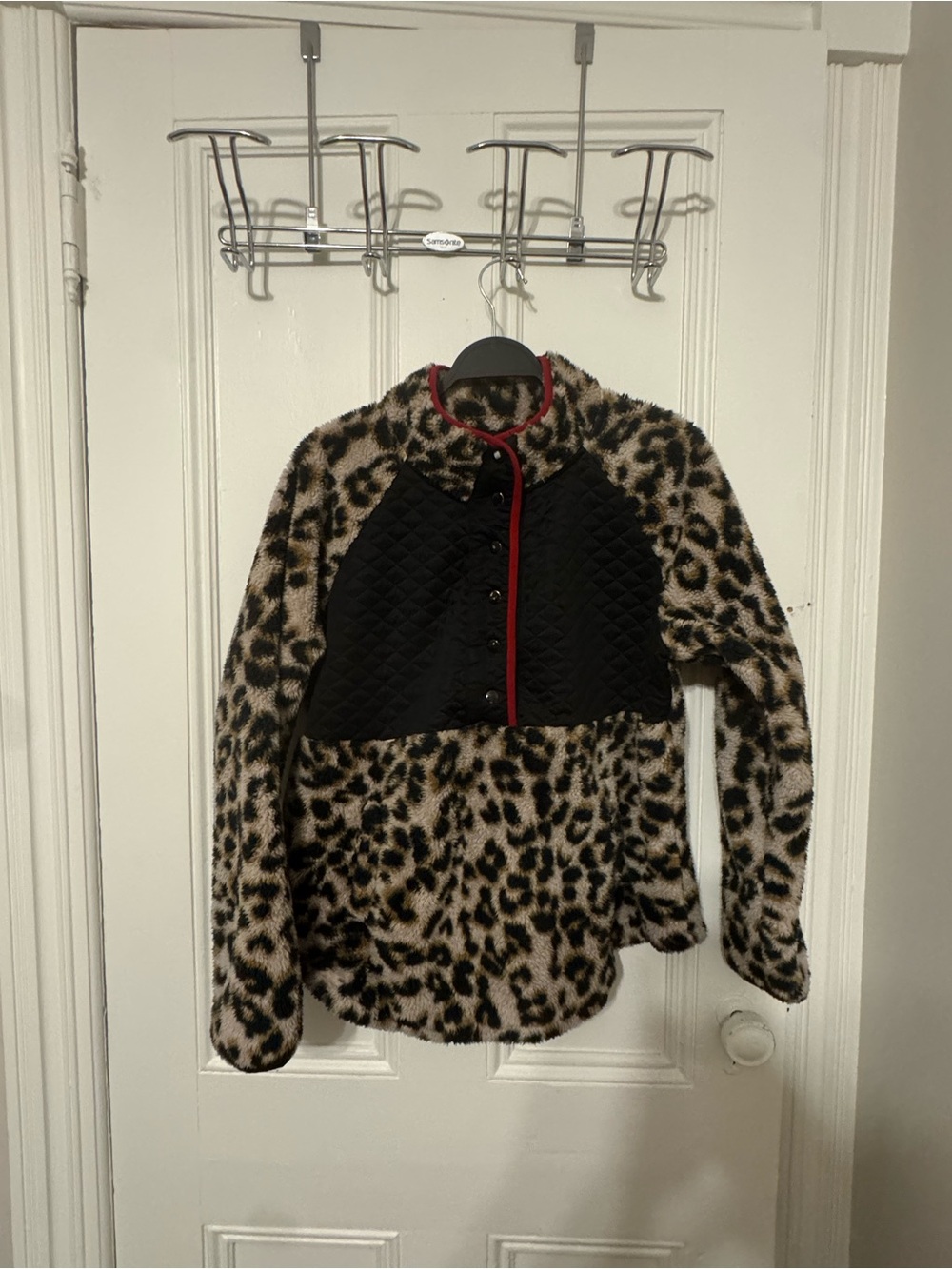 Maurices Leopard Print Fleece Jacket with Quilted Front and Red Trim